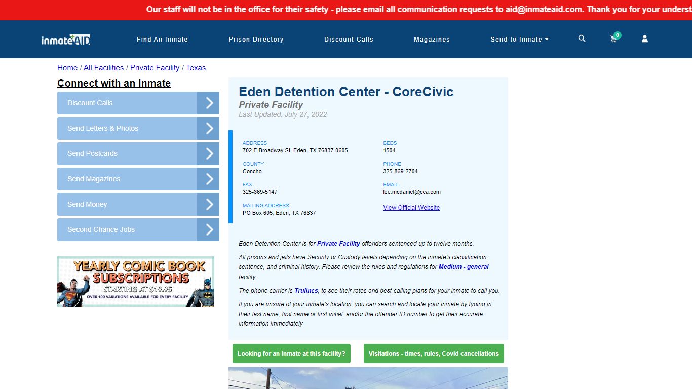 Eden Detention Center - CoreCivic - Inmate Search - Eden, TX