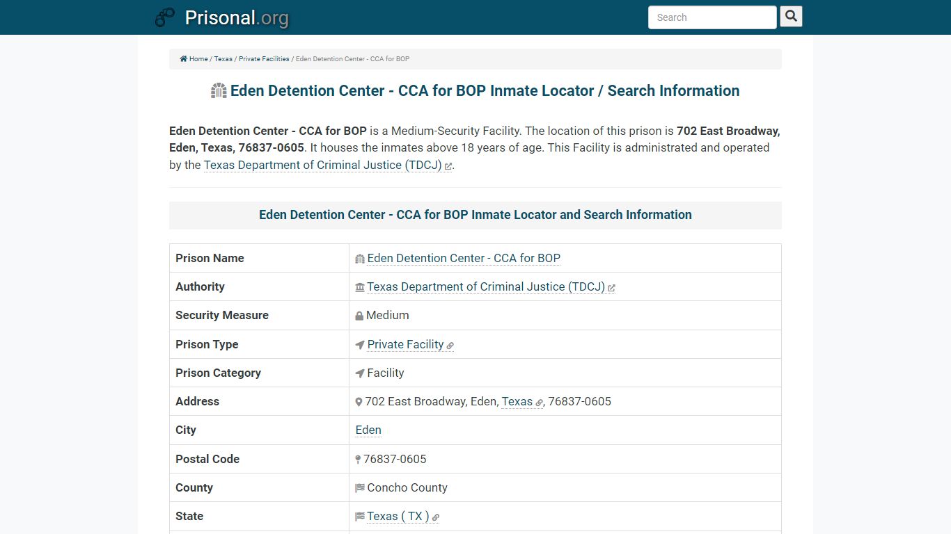 Eden Detention Center - CCA for BOP-Inmate Locator/Search ...